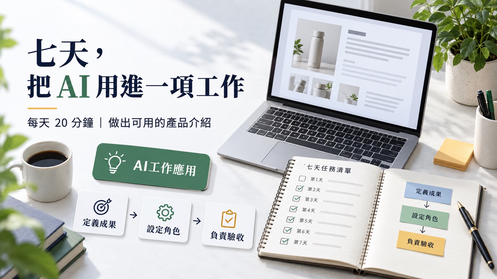 每天二十分鐘，第一週把 AI 用進一項工作：七天做出可用的產品介紹｜主題示意圖
