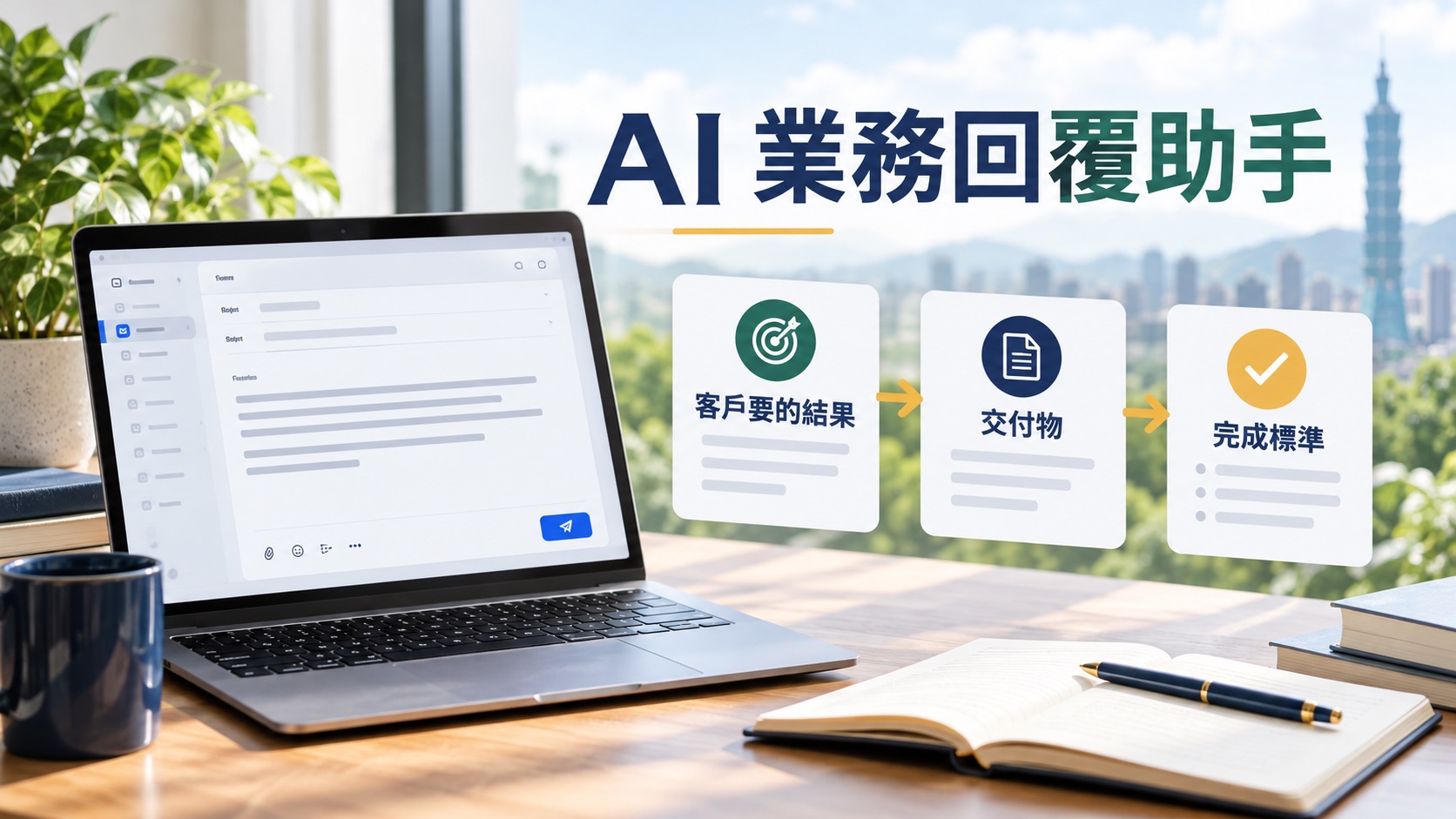 把一次好回覆，變成你自己的 AI 業務助手：附指令與兩封可改用範例｜主題示意圖