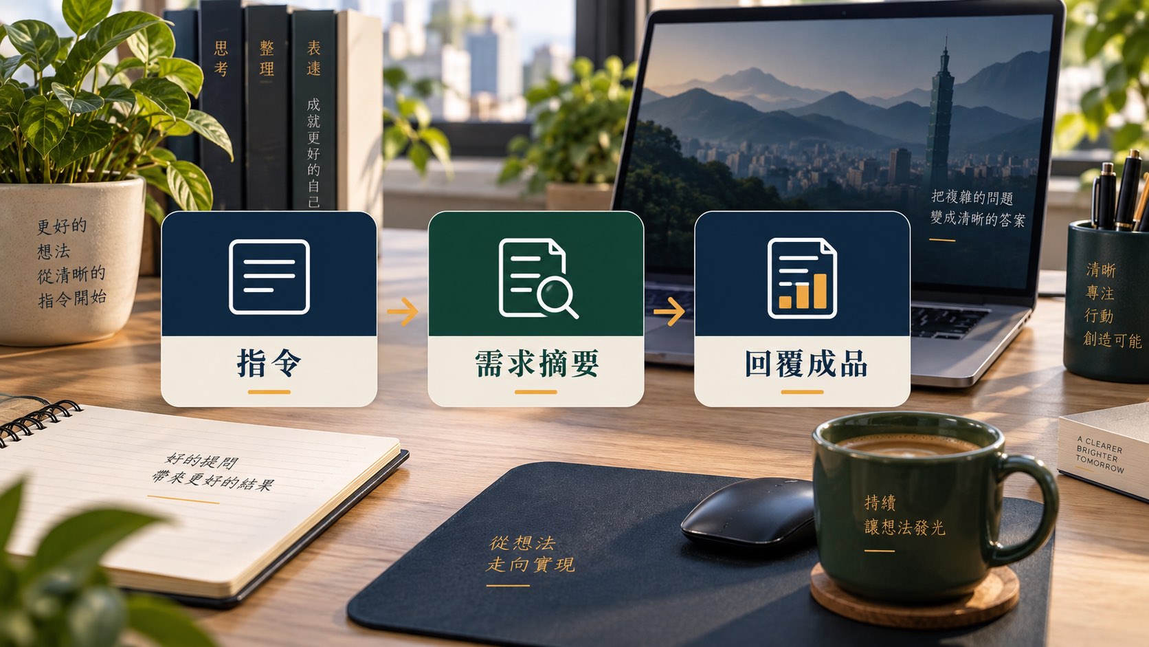 已填寫的詢問助手指令、需求摘要與回覆成品｜主題示意圖