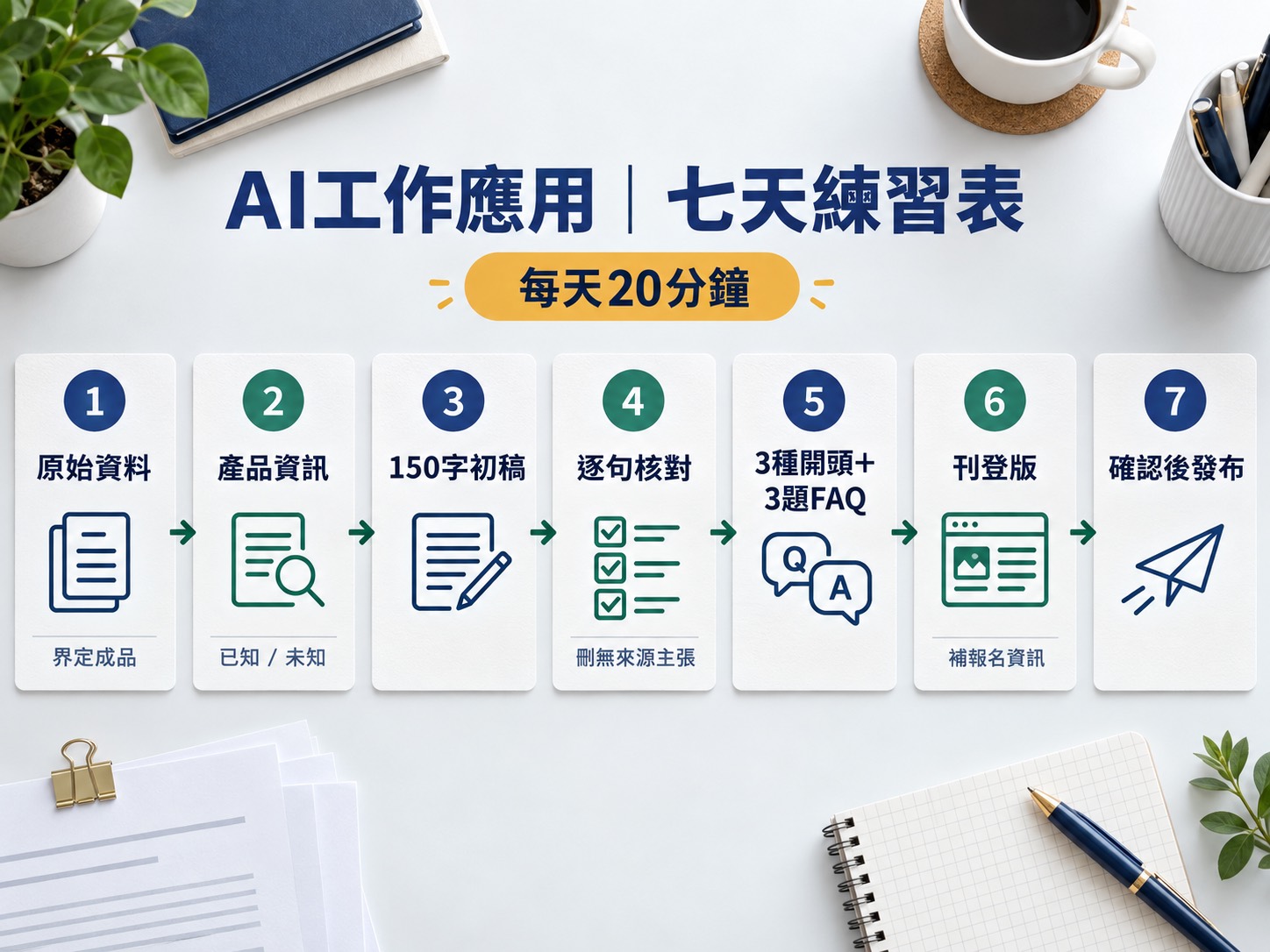 每天二十分鐘，第一週把 AI 用進一項工作：七天做出可用的產品介紹｜呈現方法、流程與判斷標準