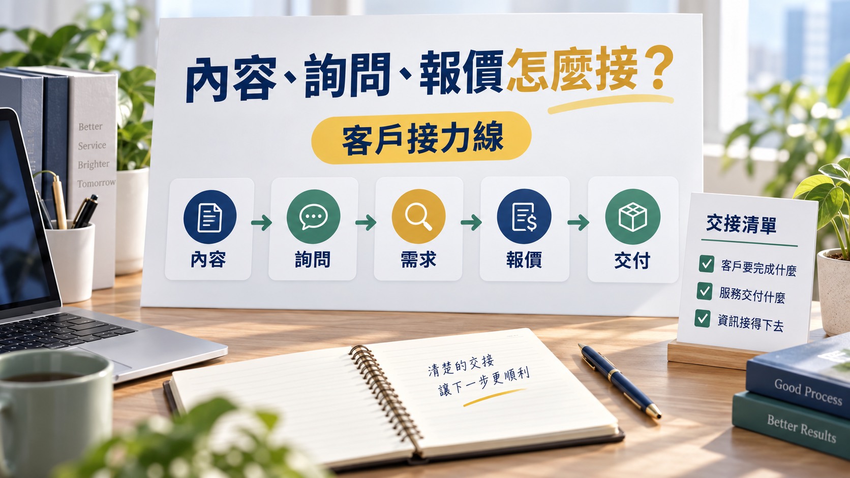 內容、詢問、報價怎麼接？用五欄畫出客戶接力線｜主題示意圖