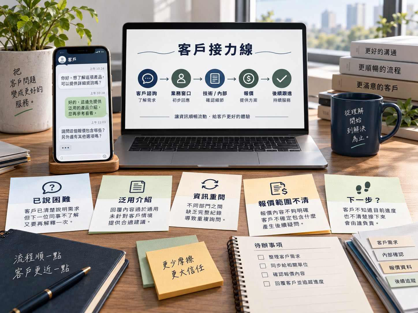 內容、詢問、報價怎麼接？用五欄畫出客戶接力線｜呈現讀者問題與卡點