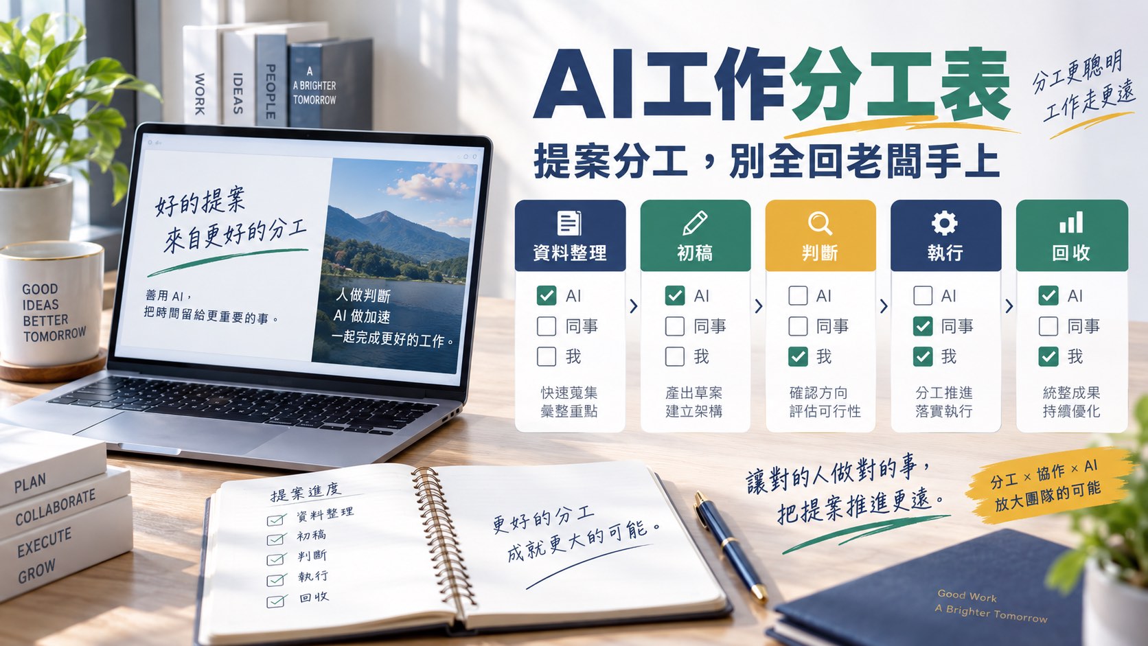 老闆、同事、AI各做什麼？用一張提案分工表，讓工作不再全回老闆手上｜主題示意圖