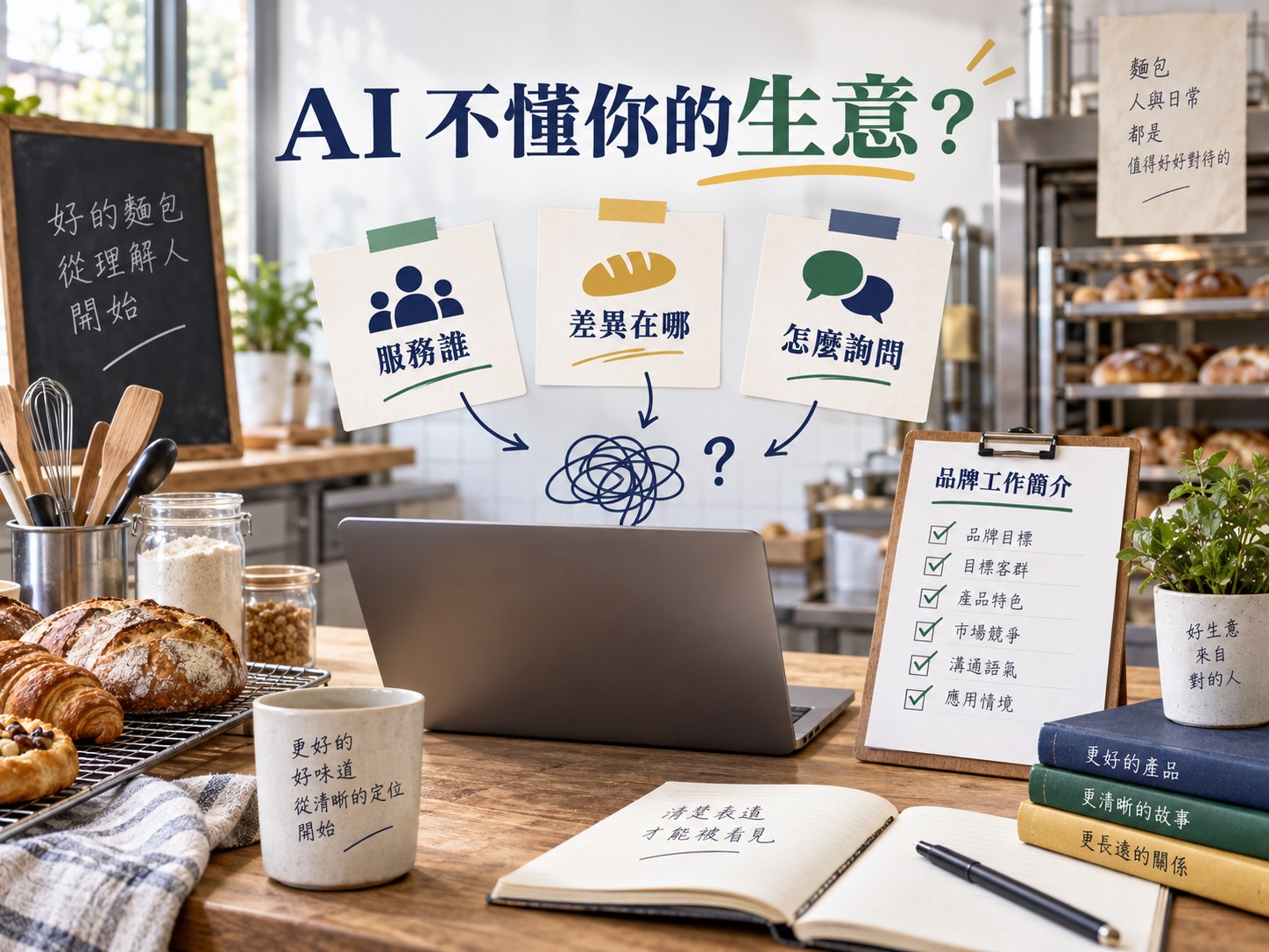 讓 AI 先認識你的生意：一頁品牌工作簡介，附烘焙店填寫示範｜呈現讀者問題與卡點