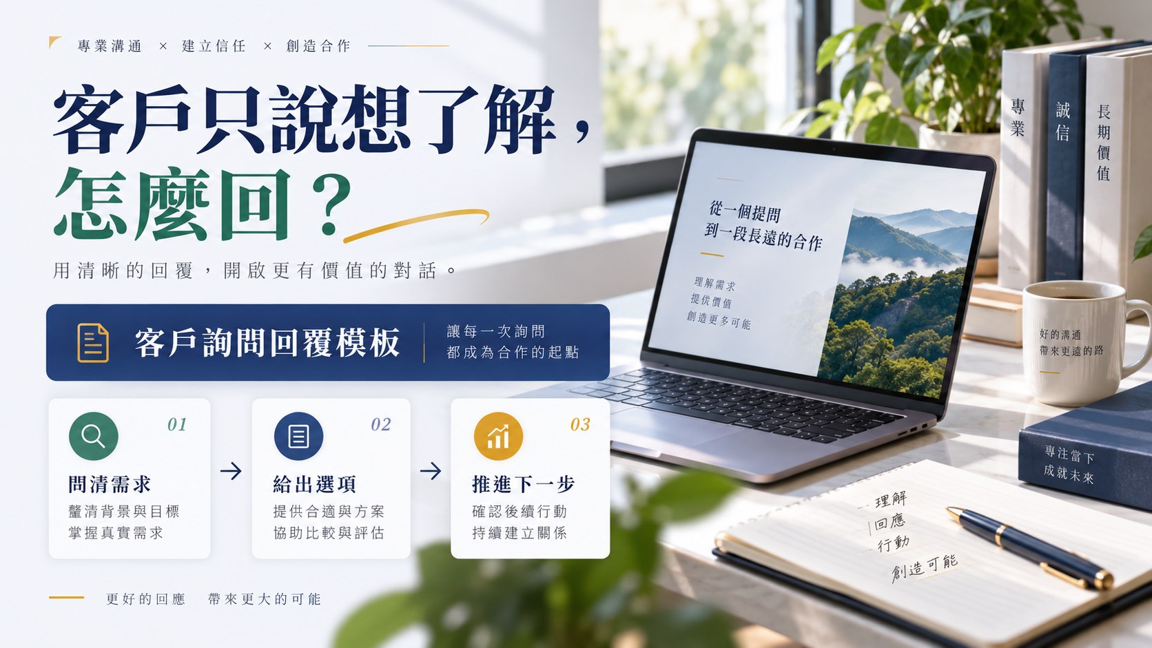 客戶只說「想了解」怎麼回？一則訊息釐清需求，附三種可複製範例｜主題示意圖