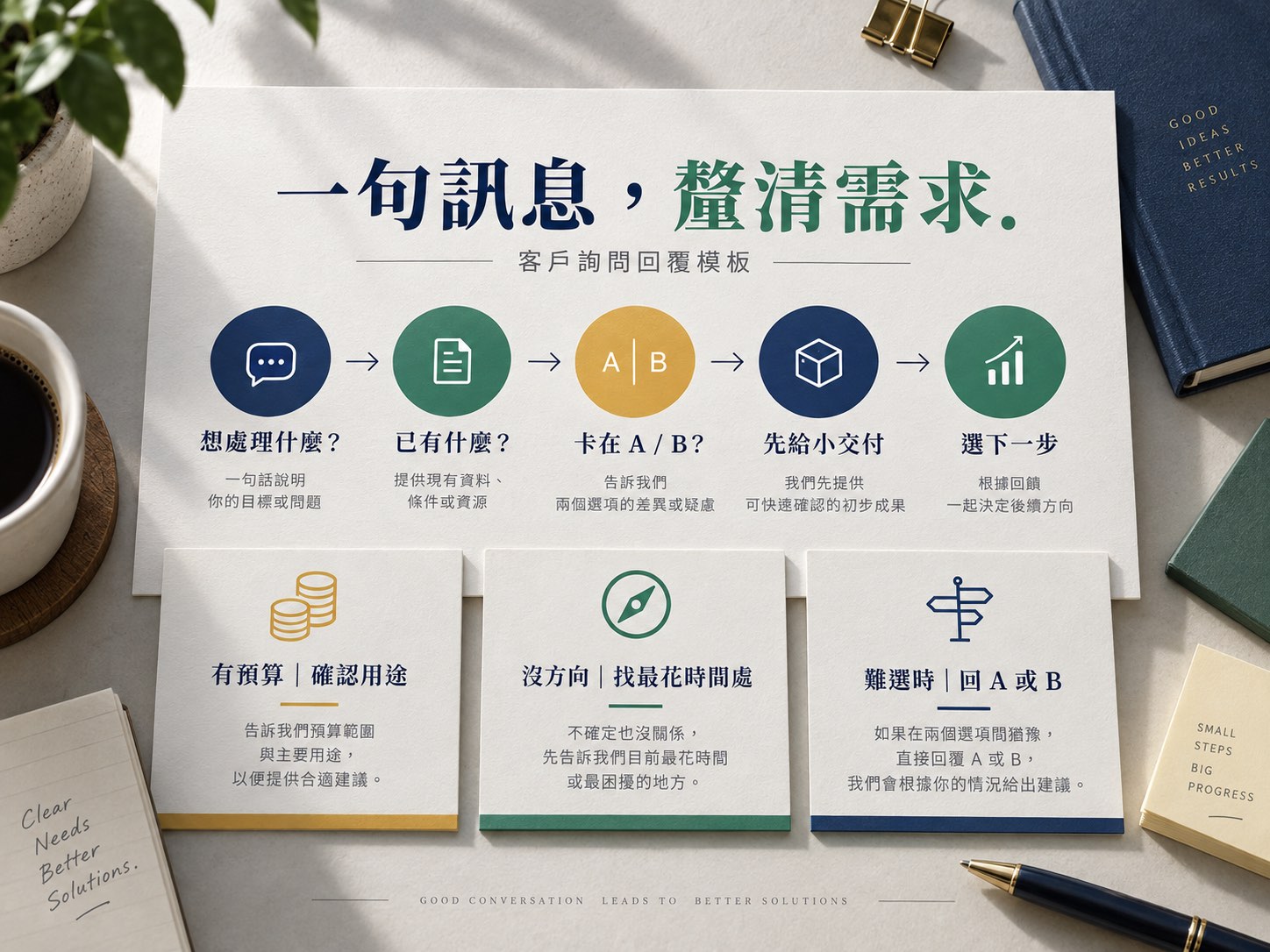 客戶只說「想了解」怎麼回？一則訊息釐清需求，附三種可複製範例｜呈現方法、流程與判斷標準