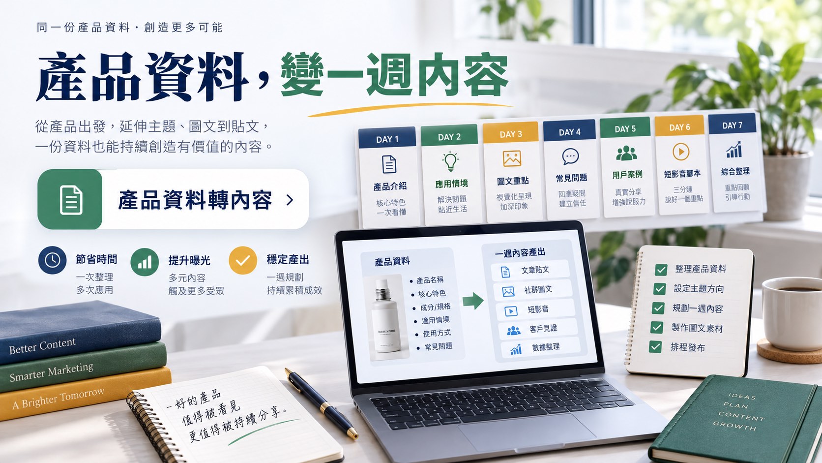一份產品資料，如何變成一週內容？附七天主題表與三種可用文案｜主題示意圖