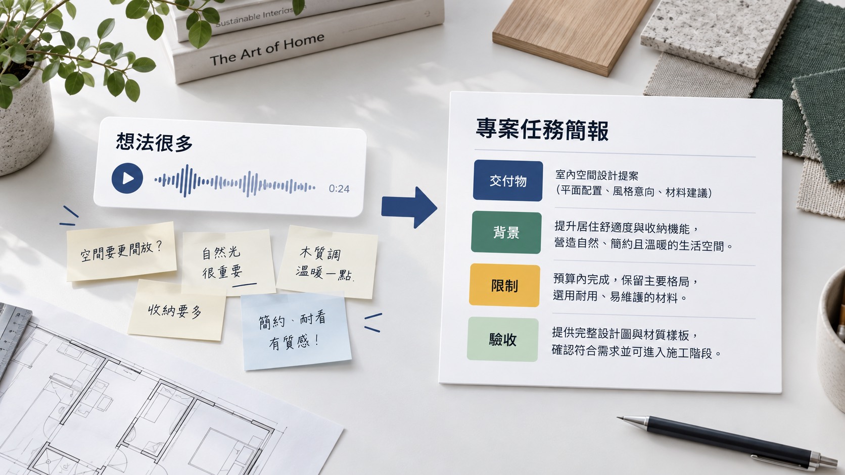 用語音跟 AI 討論工作，怎麼說才不會越聊越散？一分鐘交代清楚｜呈現原始語音想法整理為任務單的前後差異。