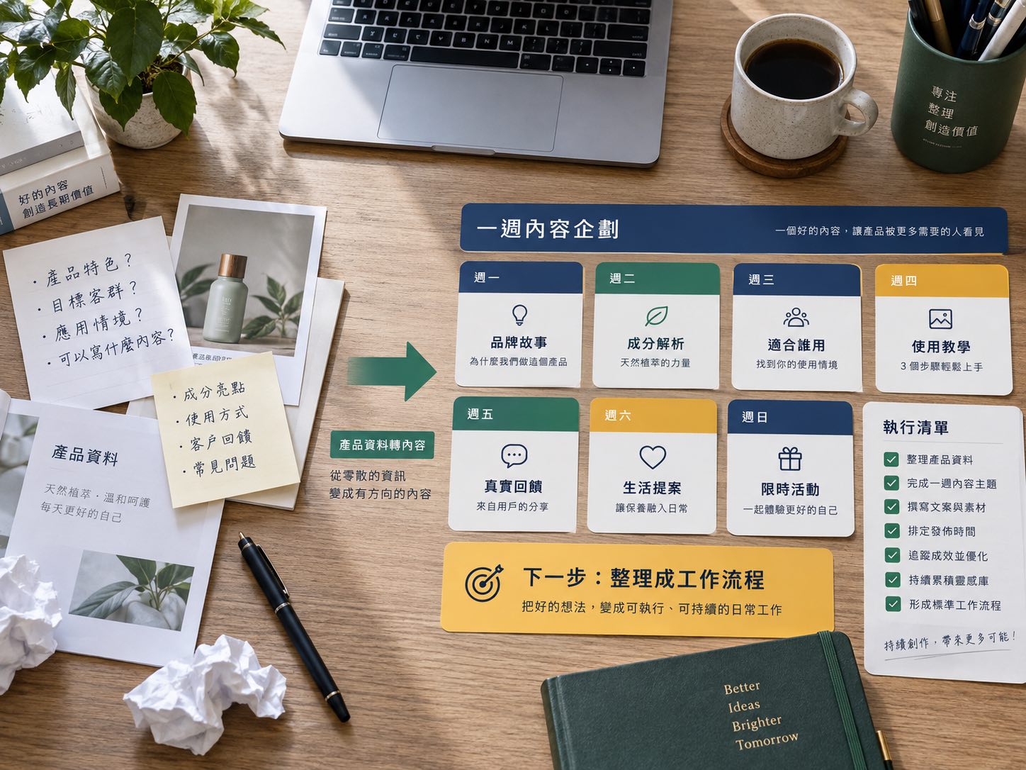 一份產品資料，如何變成一週內容？附七天主題表與三種可用文案｜呈現讀者準備採取下一步行動