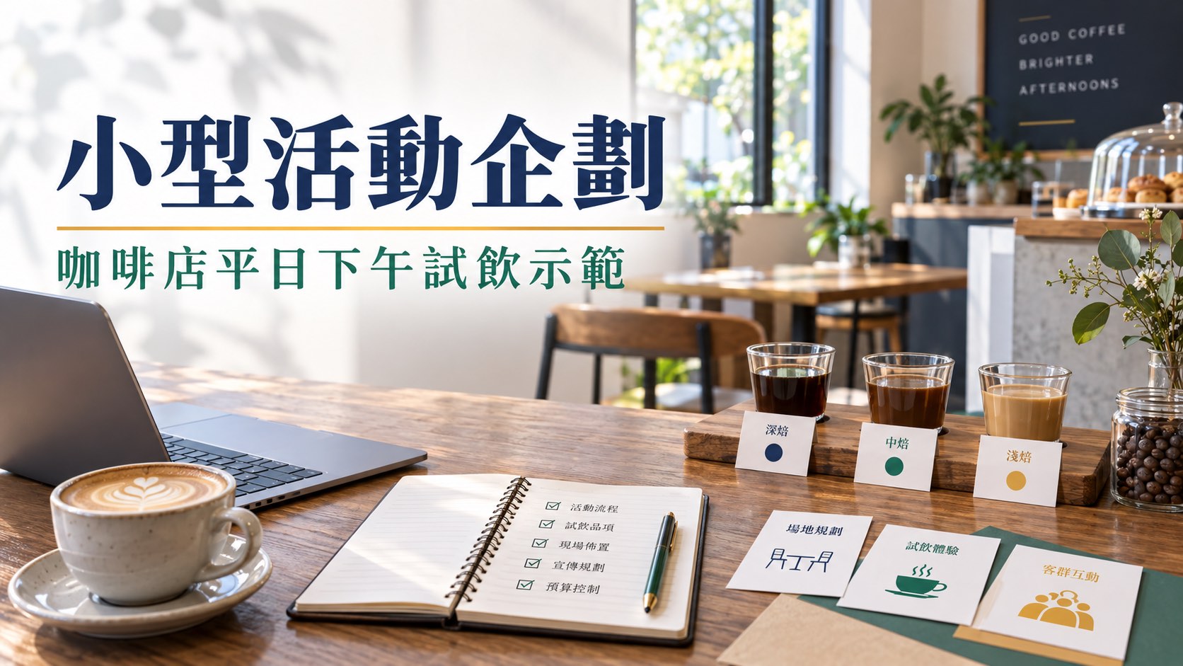 把一個想法排成可開始的小計畫：咖啡店平日下午試飲示範｜主題示意圖