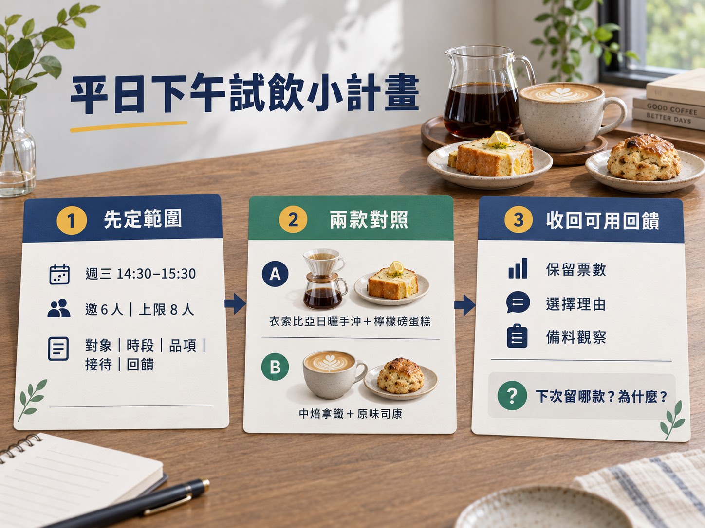 把一個想法排成可開始的小計畫：咖啡店平日下午試飲示範｜呈現方法、流程與判斷標準